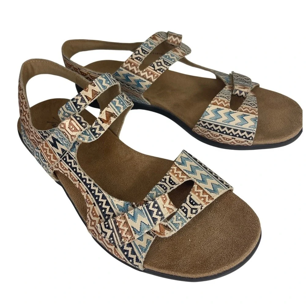Trotters Womens Strappy Sandals Geometric Tribal Print Blue Tan Slingback 11M
